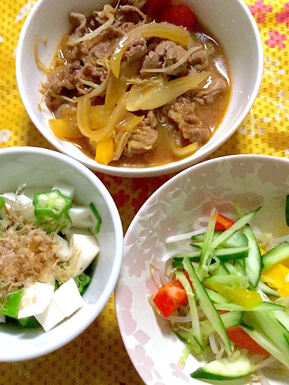 野菜炒め焼肉のタレ味　モヤシサラダ🥗　オクラ長芋|掛谷節子さん