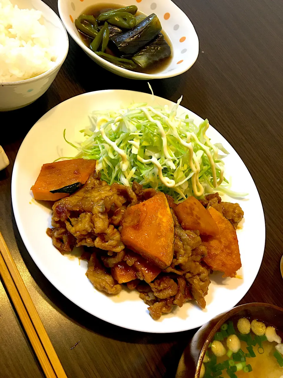 豚とかぼちゃの甘辛炒めの晩ご飯|mikaさん