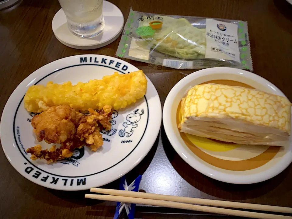 イカの天ぷら　鶏竜田揚げ　ミルクレープ　宇治抹茶クリーム鯛焼き　蕎麦茶|ch＊K*∀o(^^*)♪さん