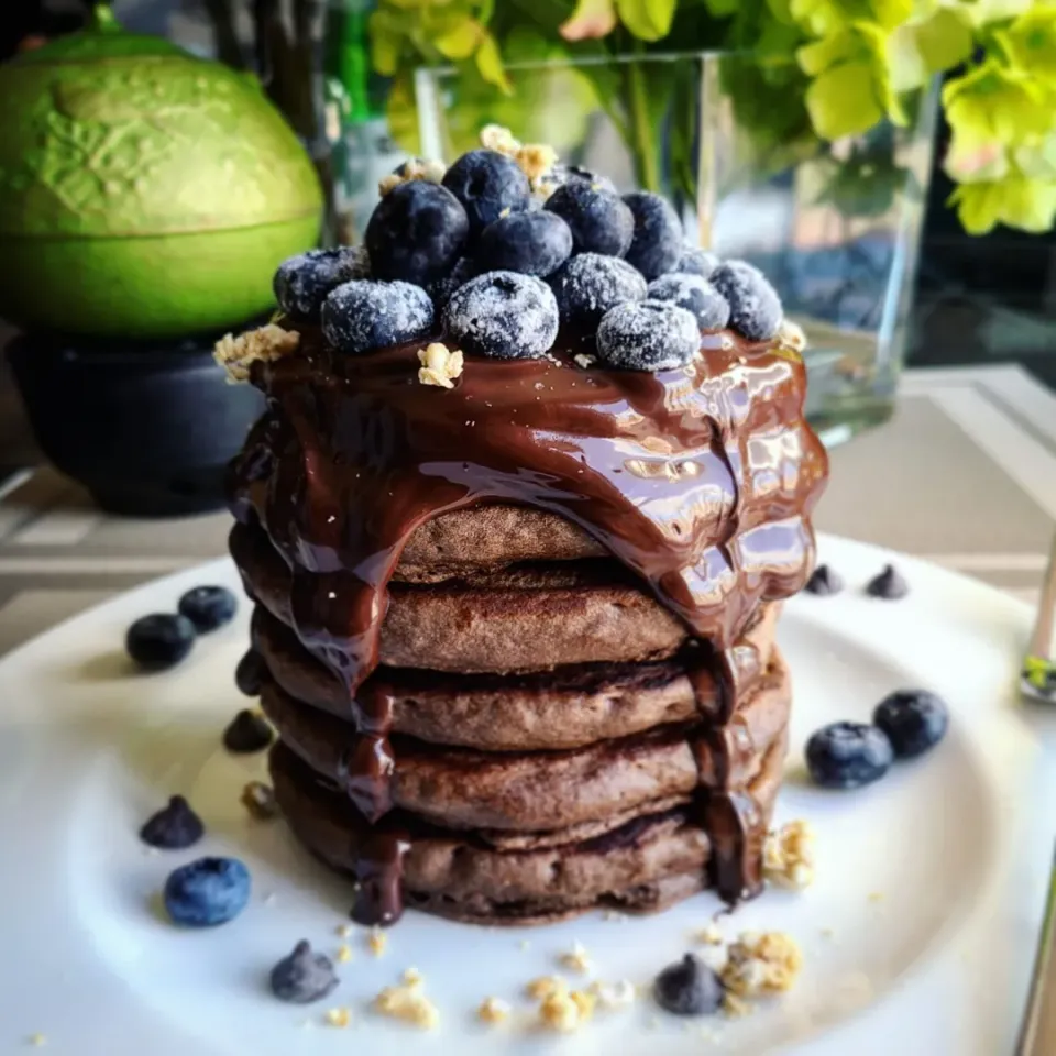 Dark Chocolate Pancakes with Blueberries, chocolate maple syrup and puffed quinoa.|Jbunny Caféさん