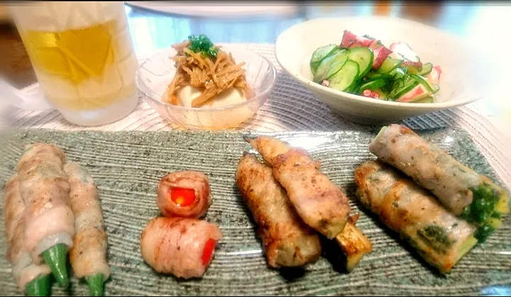 夏野菜の豚巻き🌀
   (ゴーヤ ・なす ・トマト ・オクラ )

 酢ダコ🐙
 冷奴 なめ茸のせ|びせんさん