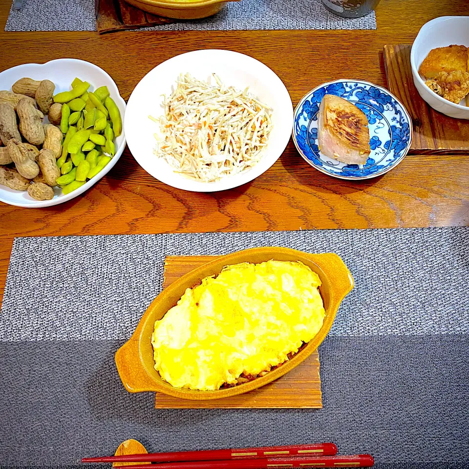 ポテトグラタン、牛蒡サラダ、枝豆、茹で落花生、残り物|yakinasuさん