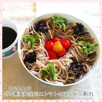 Snapdishの料理写真:2020.8.13〜ざる蕎麦弁当(ミニトマトのはちみつ漬け)|気まぐれぶるるさん