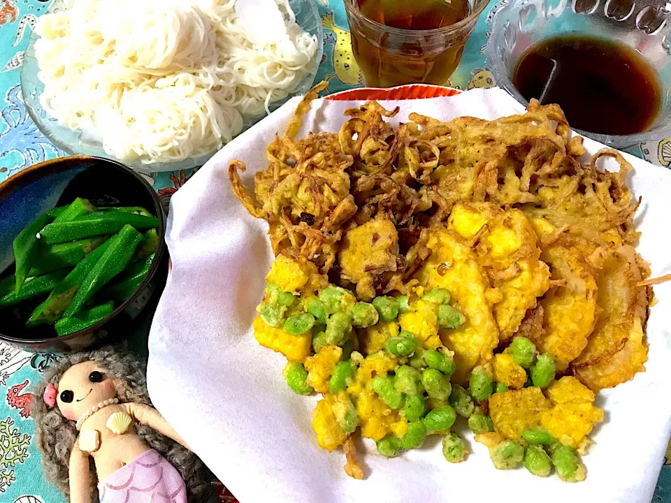 あるものでゴボ天🎶枝豆コーンかき揚げ🌽素麺はやっぱり揖保乃糸〰🎶🎶笑笑|noeさん