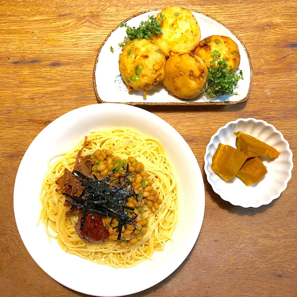 #vegan 
納豆パスタ
とうもろこしと枝豆のがんもどき|makiko_aさん