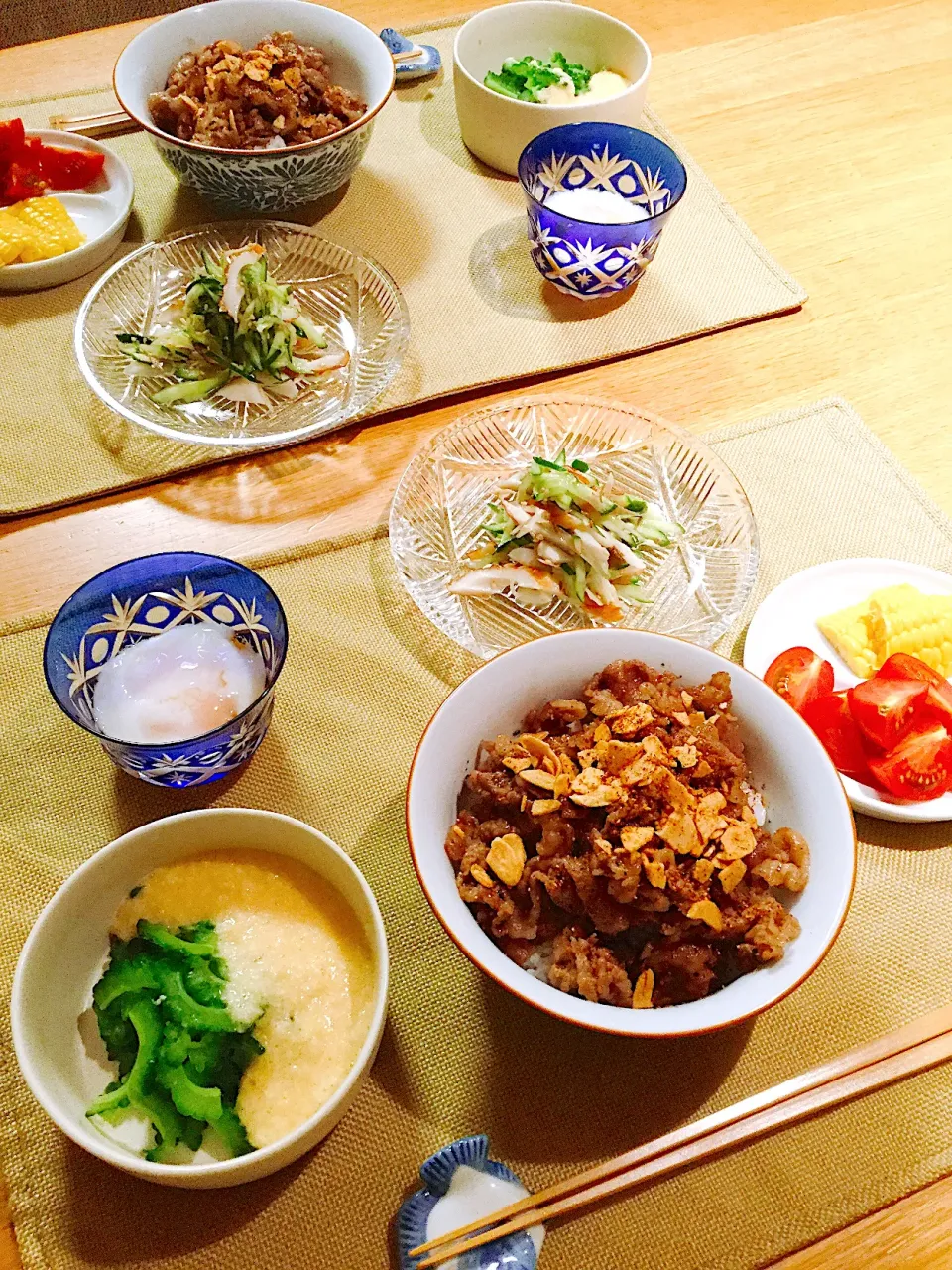 牛肉醤油バター丼、ゴーヤ薯蕷掛け|papinさん