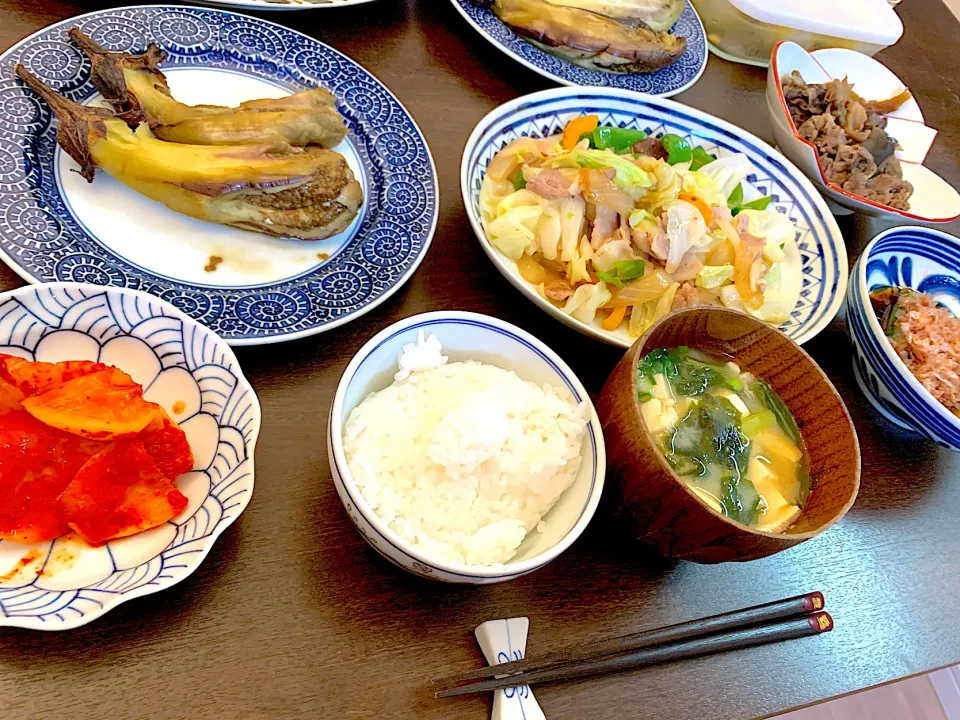 カクテキ　焼きなす　野菜炒め　煮物　オクラの揚げ出し　お味噌汁|NAKATAさん