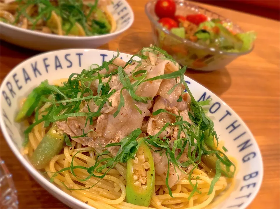 オクラと豚しゃぶのさっぱり梅パスタ|ふくすけ食堂さん