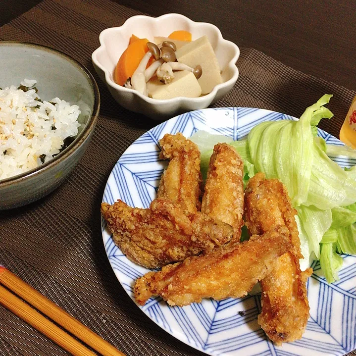 手羽中の唐揚げ、根菜と高野豆腐の煮物、わかめごはん|ちぐあささん