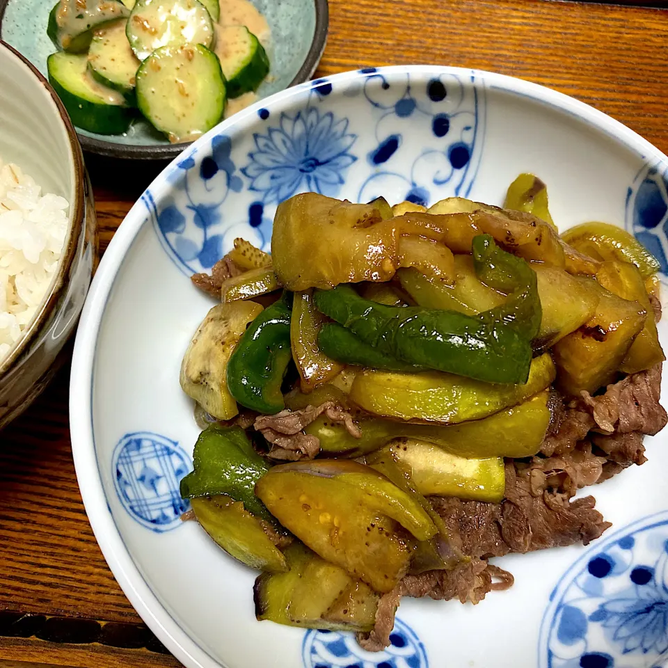 丸ナスと牛肉の甘辛炒め|わこさん