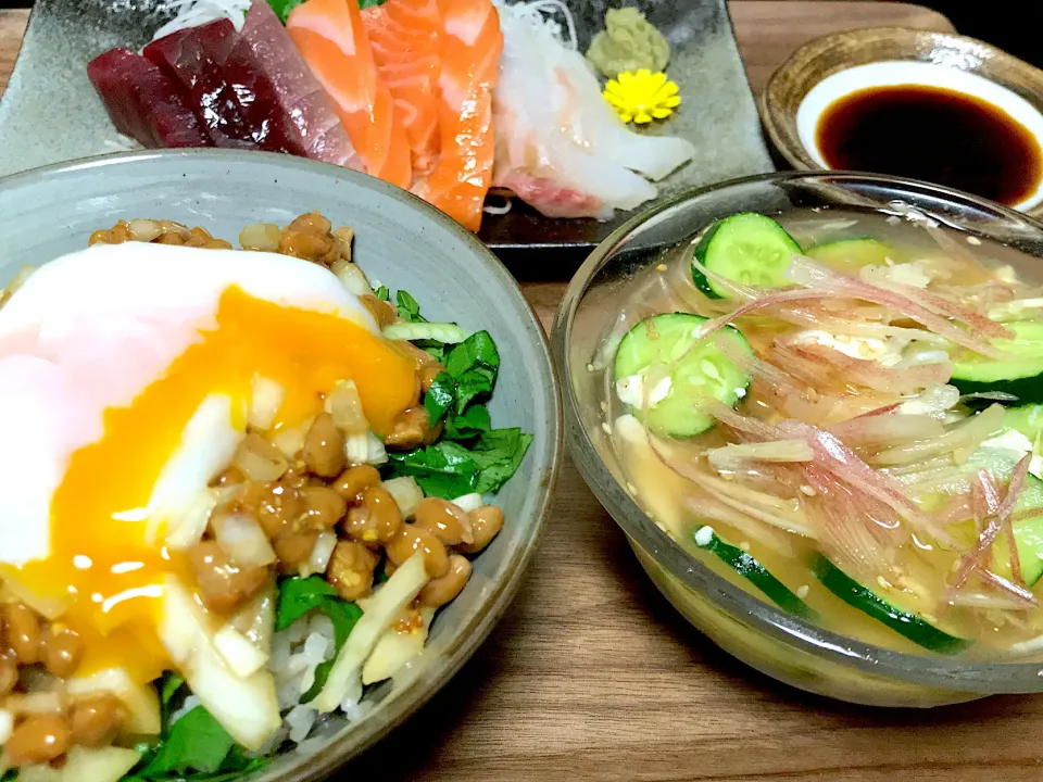 温泉卵と納豆のっけご飯とお刺身献立|Tak@さん