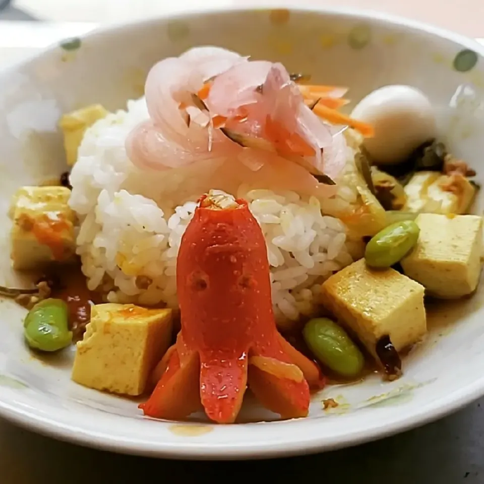 Snapdishの料理写真:花椒香る豆腐と枝豆の牛豚キーマカレーwithタコさんウインナー🐙|ふじわらたくやさん