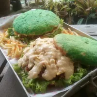 Homemade plate size burger with fries|happy sunshineさん