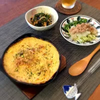 山芋のふわふわ焼き
にらともやし、わかめのナムル
ツナと貝割れのおろしぽん酢