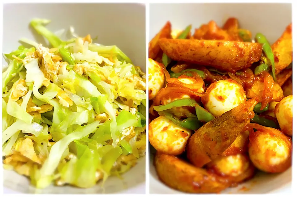 Dinner’s menu: stir-fry cabbage with tofu skin, and sambal (chili sauce) with quail eggs +potatoes|MI 「いどりす」さん