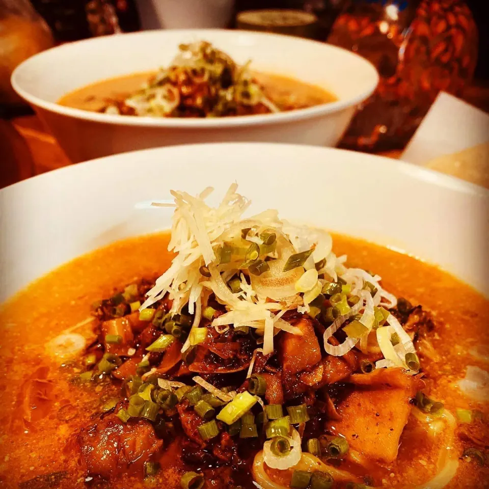 Freshly Made Very Spicy Tomato Miso Noodle Ramen Topped with Soy Butter Mushrooms and Negi #ramen #noodles #homecooking #homemade #spicy #chefemanuel #ilovecook|Emanuel Hayashiさん