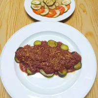 Snapdishの料理写真:Corned Beef with Buttered eggplant
Cucumber eggplant and tomato in Sweetend venegar|Ambhie Odagenさん