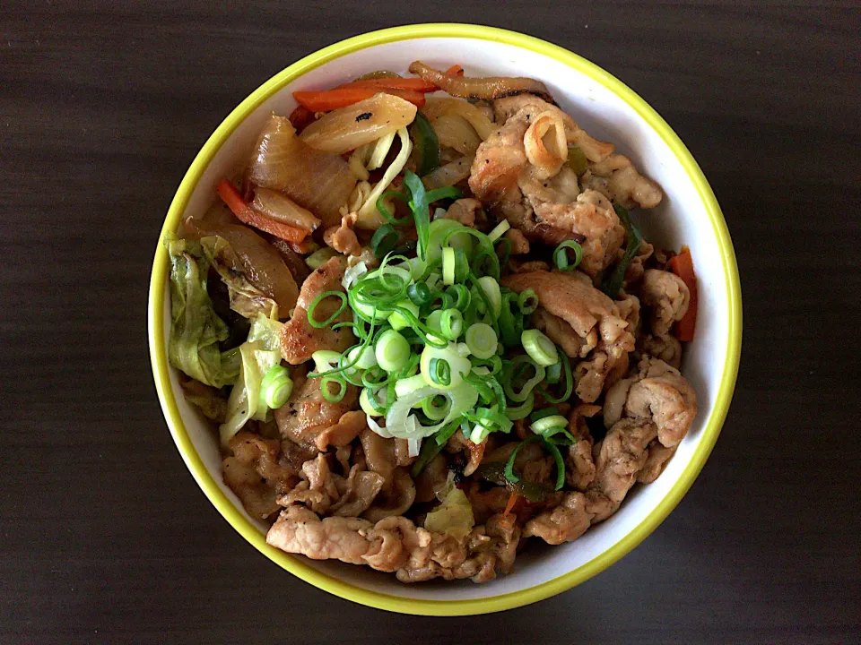 豚肉野菜炒め丼|ばーさんさん