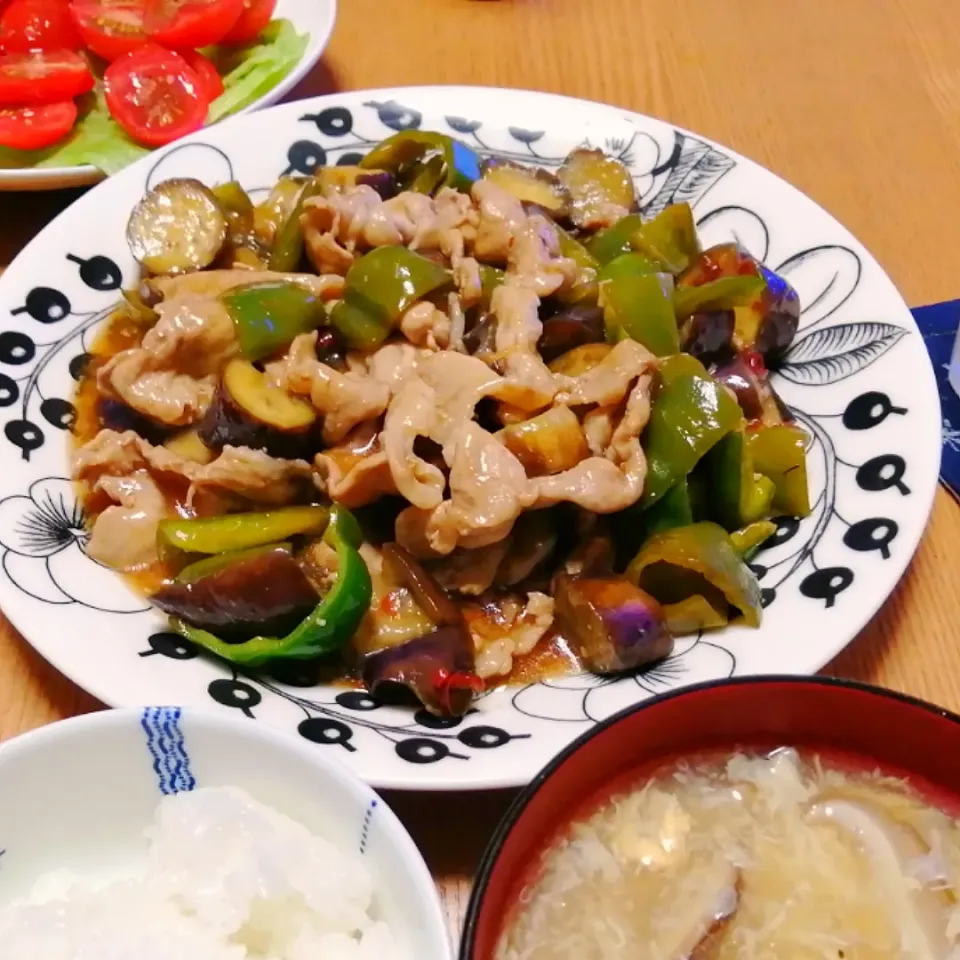 豚肉と夏野菜の甘酢炒め
しいたけ卵スープ サラダ|いちみさん