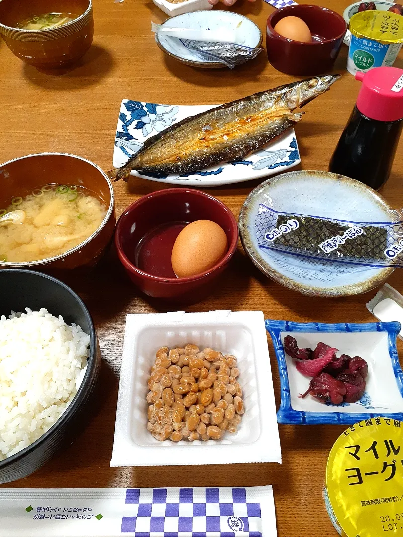 さんまの開き
納豆と生卵
玉葱とあげのお味噌汁
海苔、漬物、ヨーグルト
2020.8.23民宿での朝食|fumfumさん