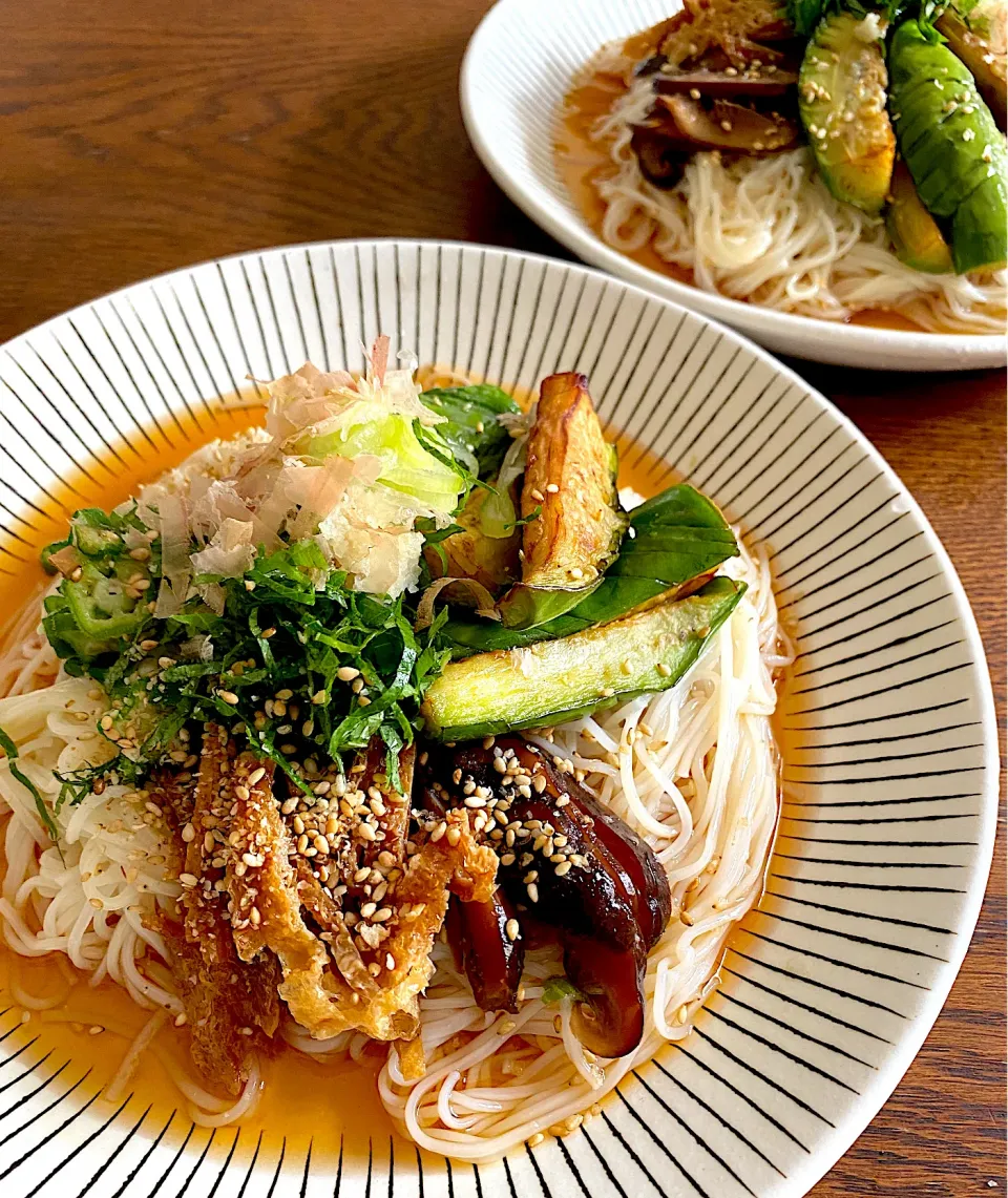 Snapdishの料理写真:揚げ青ナスの冷やしそうめん|Michiyo Shimizuさん