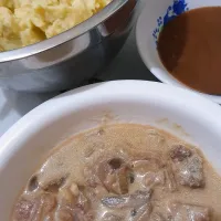 Snapdishの料理写真:Roast beef in mushroom sauce and mashed potato|Jem Sandioさん