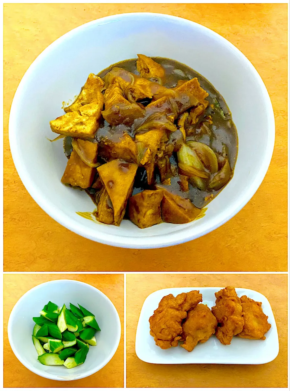 dinner with tofu curry, fried chicken, and cucumber pickles|MI 「いどりす」さん