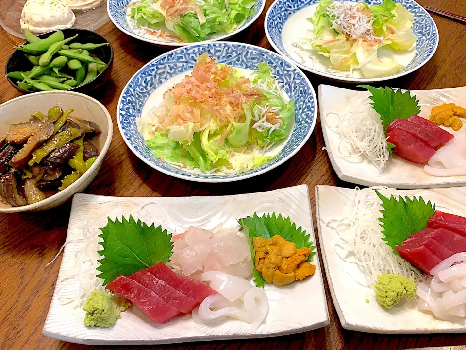 お刺身🐟レタスと茗荷のおかかサラダ🥗辛子豆腐🌿今日の夕食20200823|rococoさん