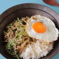 豚そぼろと豆苗のピリ辛丼