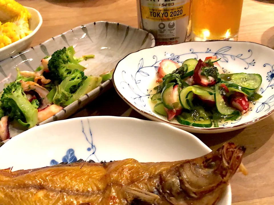 焼魚・タコの酢の物・ブロッコリー炒め物|くり子さん