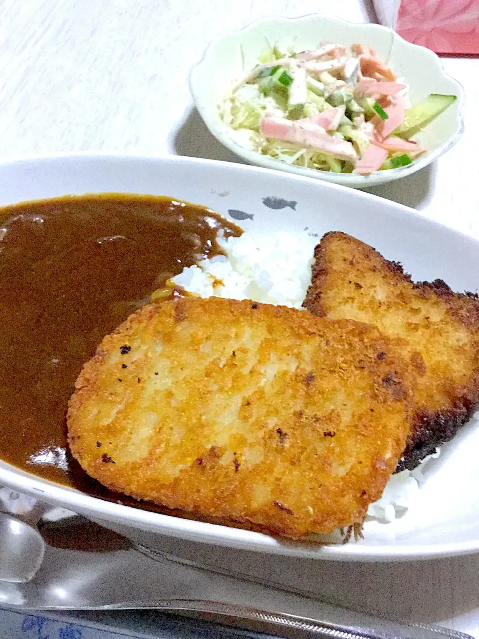 ハッシュドポテトアジフライカレー、昨日の残りでハムサラダ|Ayaさん