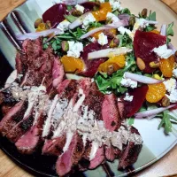 Snapdishの料理写真:Chocolate Rubbed Steak with Vanilla Whiskey Sauce & Orange Beet and Goat Cheese Salad|Megan Brinegarさん