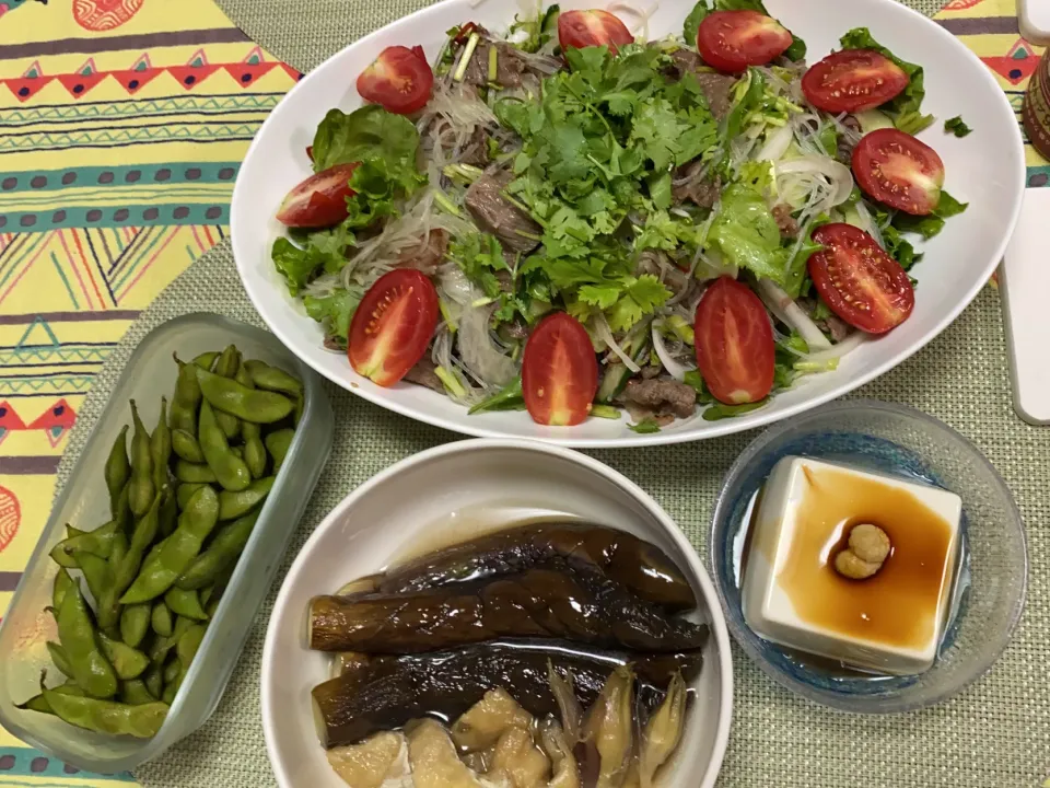 Snapdishの料理写真:牛肉と春雨のタイ風サラダ、なすと油揚げの煮浸し、冷奴、茶豆|peanutsさん