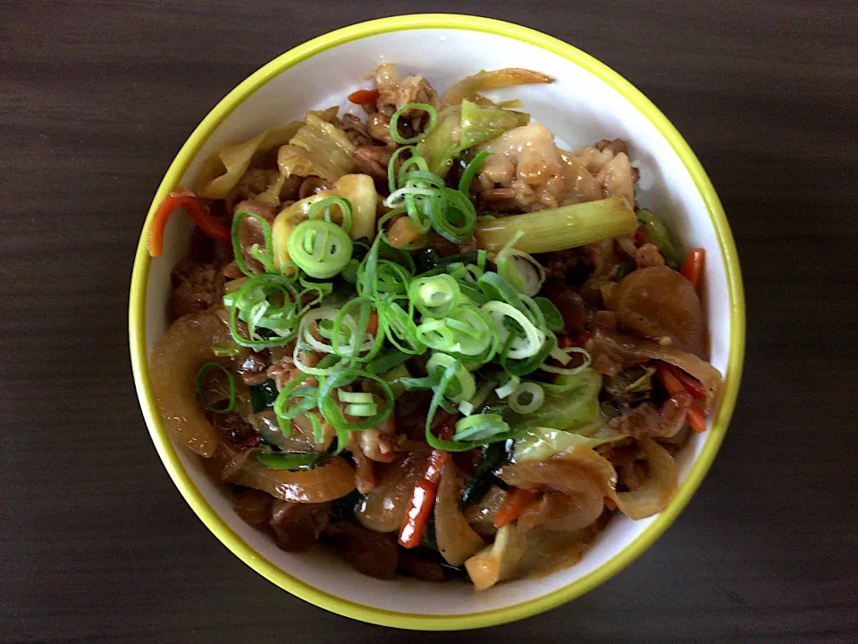 豚肉野菜炒め丼|ばーさんさん