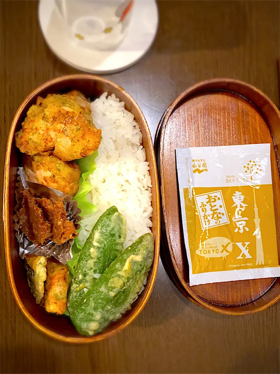 お弁当🍱　鶏七味唐辛子唐揚げ　カボチャとピーマンの天ぷら　鮪佃煮　東京Xふりかけ|ch＊K*∀o(^^*)♪さん