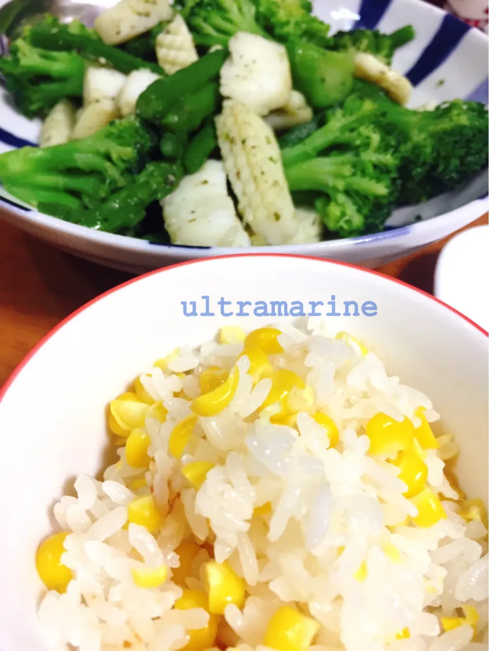 Snapdishの料理写真:＊とうもろこしごはん♬いかのバジル炒め＊|ultramarineさん