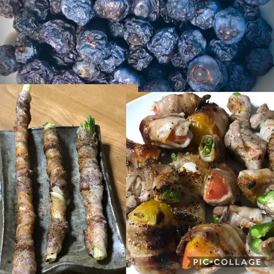 家庭菜園の収穫物を肉に巻いてみました。ドライブルーベリー出来ました。|sudachiさん