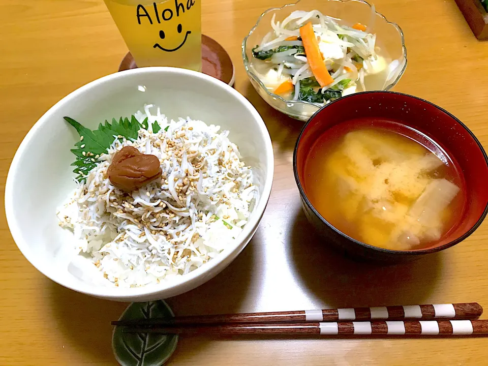 Snapdishの料理写真:しらす丼、豆腐とほうれん草の煮浸し|Emiko Kikuchiさん