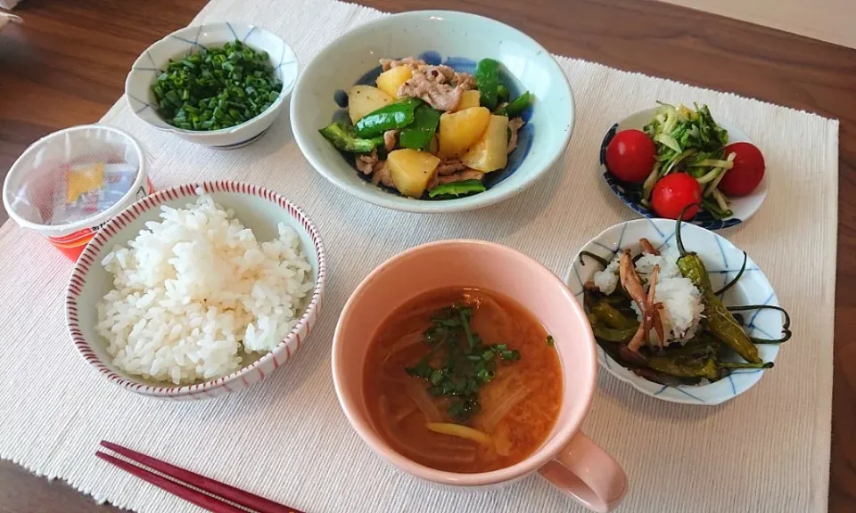 ごはん
玉ねぎの味噌汁
豚小間肉とじゃがいもピーマンの炒めもの
ししとうとしめじの醤油炒め大根おろし添え
水菜ときゅうりの酢の物
ミニトマト|oneiさん