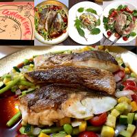 真鯛のグリル夏野菜のバルサミコソース、エビとアボカドのヨーグルト和えと生ハムサラダの宴