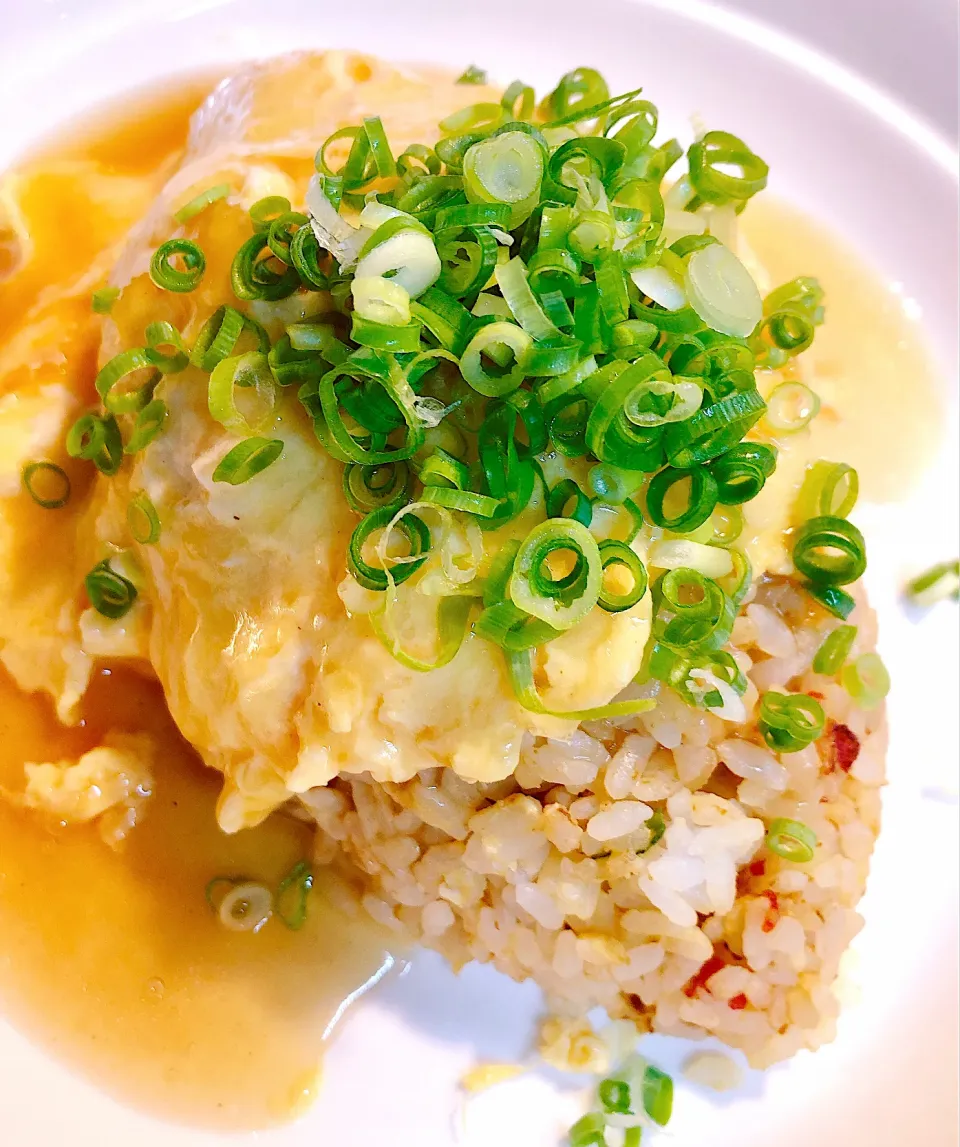 今日のお昼は炒飯に、ふんわり卵🥚をかけてウェイパーと醤油で緩めの餡を作り天津風チャーハン完成❣️|海斗さん