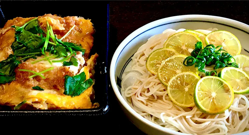 Snapdishの料理写真:ロースかつ丼&すだちぶっかけ素麺|mottomoさん