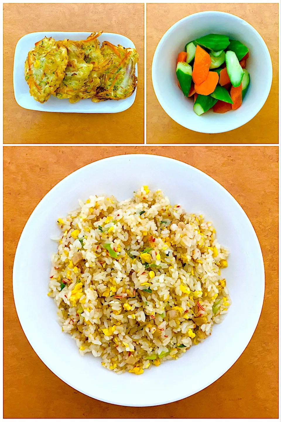 Dinner for tonight: cha-han (fried-rice) with pickles and tempura, lets eat them hahaha いただきます|MI 「いどりす」さん