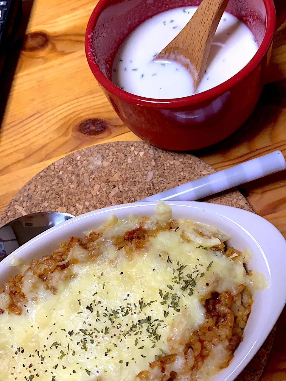 焼きチーズカレー半熟たまご乗せ、ビシソワーズ|kaaaaaさん