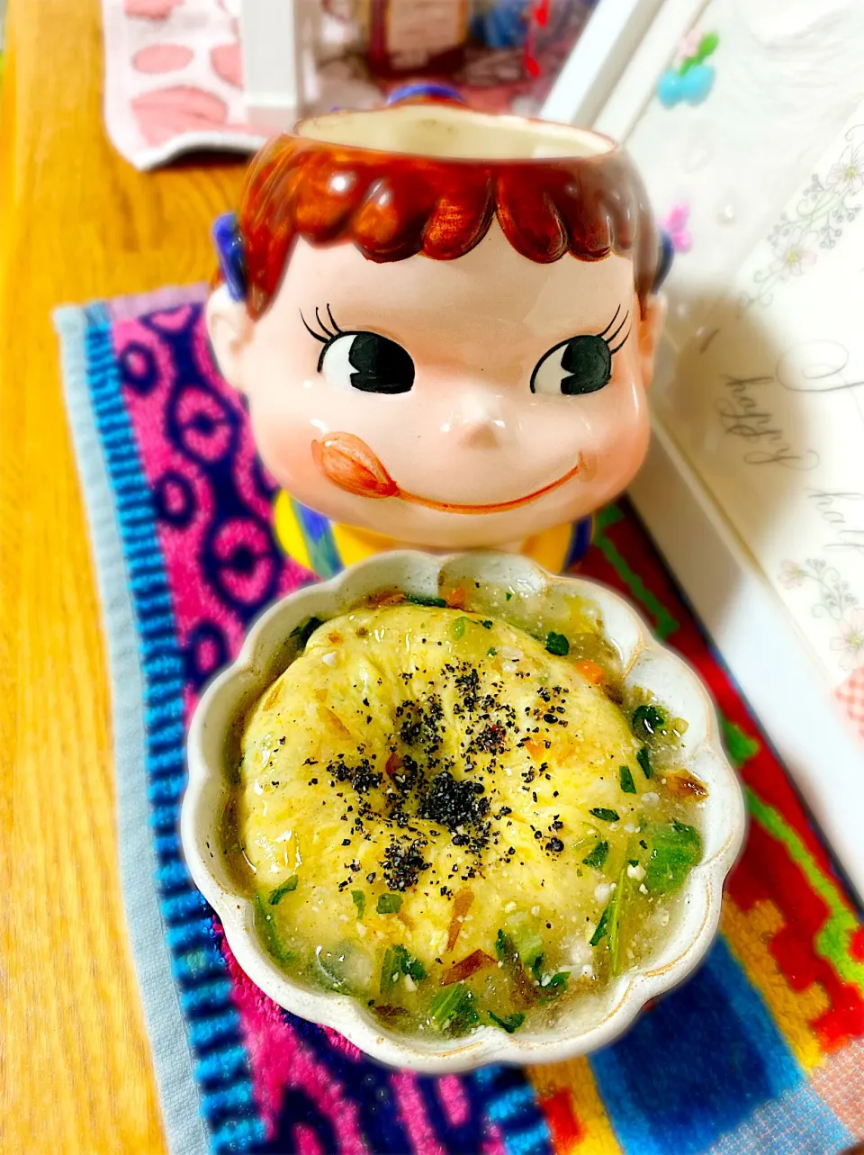 Snapdishの料理写真:オクラとお豆腐のたまご蒸し♡INかぼちゃ＆お野菜のお味噌スープあんかけバージョン。|ぽき。さん