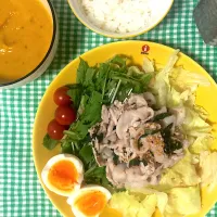 Snapdishの料理写真:冷しゃぶ、かぼちゃの冷製スープ|いとさん