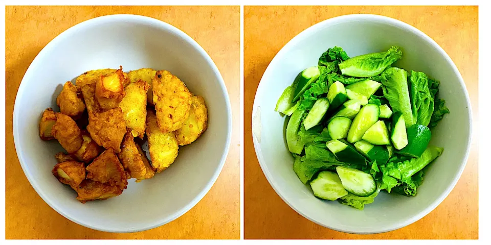 Simple dinner: karaage, hash potatoes, fresh cucumber and lettuce|MI 「いどりす」さん