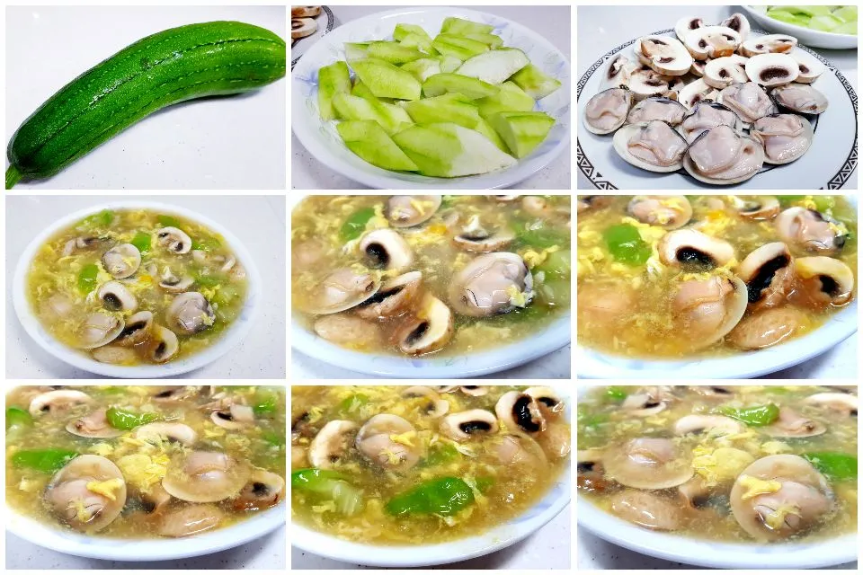 egg drop soup with clams, loofah and mushrooms|steven z.y.さん