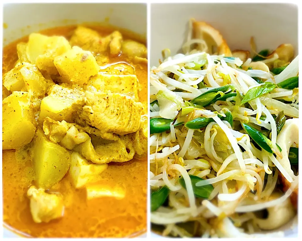 Snapdishの料理写真:Dinner time: chicken curry with potatoes and tofu + stir-fry bean sprouts with fish cake and snap-beans. Lets have dinner|MI 「いどりす」さん