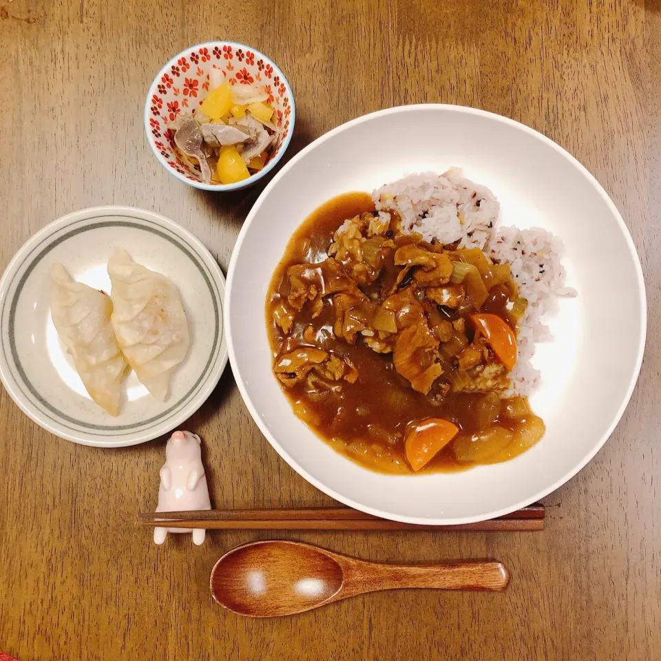 Snapdishの料理写真:豚バラカレー、ポテトとウインナーの揚げ餃子、砂肝と玉ねぎとパプリカの塩レモン和え|薫子さん